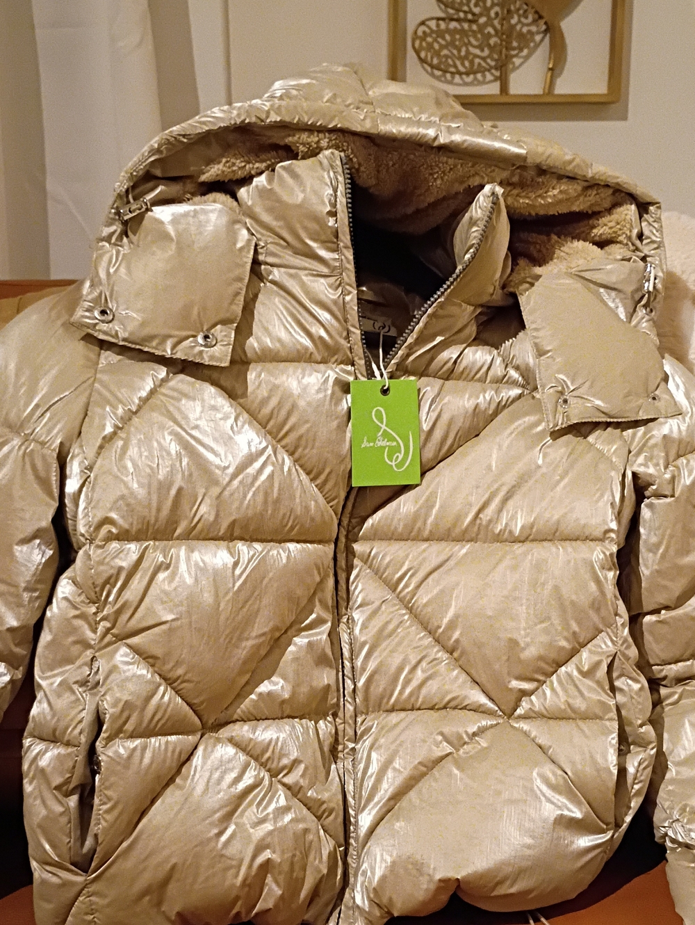 Sam Edelman Metallic Beige Quilted Puffer Jacket with Hood